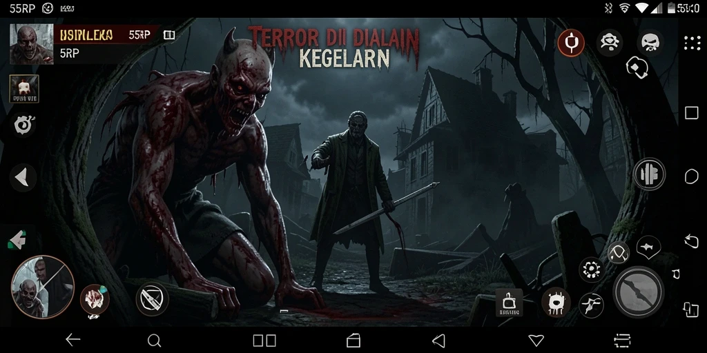 Tampilan gameplay mencekam di dalam <strong>55RP</strong>, dengan suasana gelap dan hantu yang mengintai.