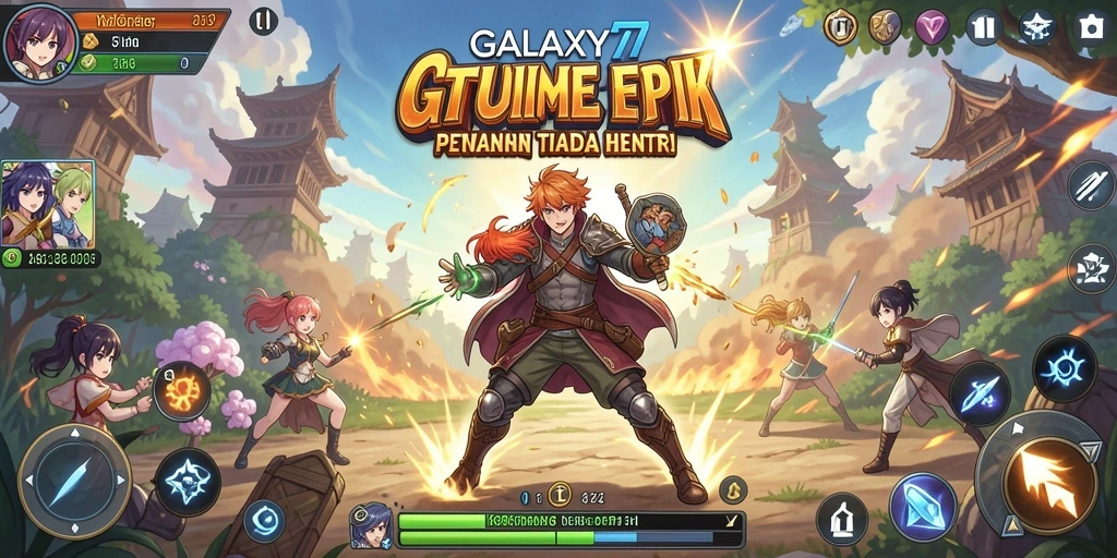 Screenshot utama GALAXY77 menampilkan pertarungan menegangkan di dunia Anime.