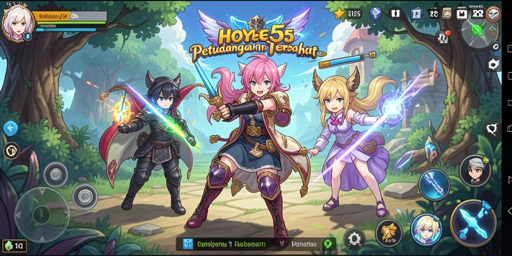 Tangkapan layar dari gameplay penuh aksi di HOYE55 yang menampilkan karakter animasi.