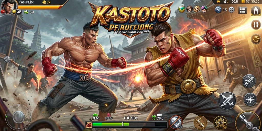 Tangkapan layar KASTOTO menunjukkan pertarungan intens di arena yang menegangkan.