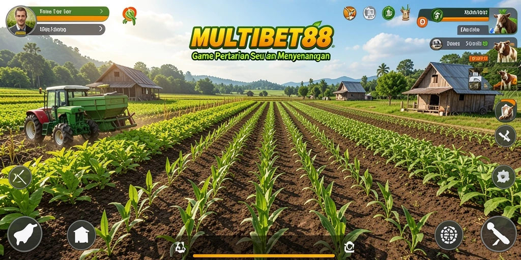Tampilan gameplay MULTIBET88 dengan lahan pertanian yang luas dan hewan ternak.