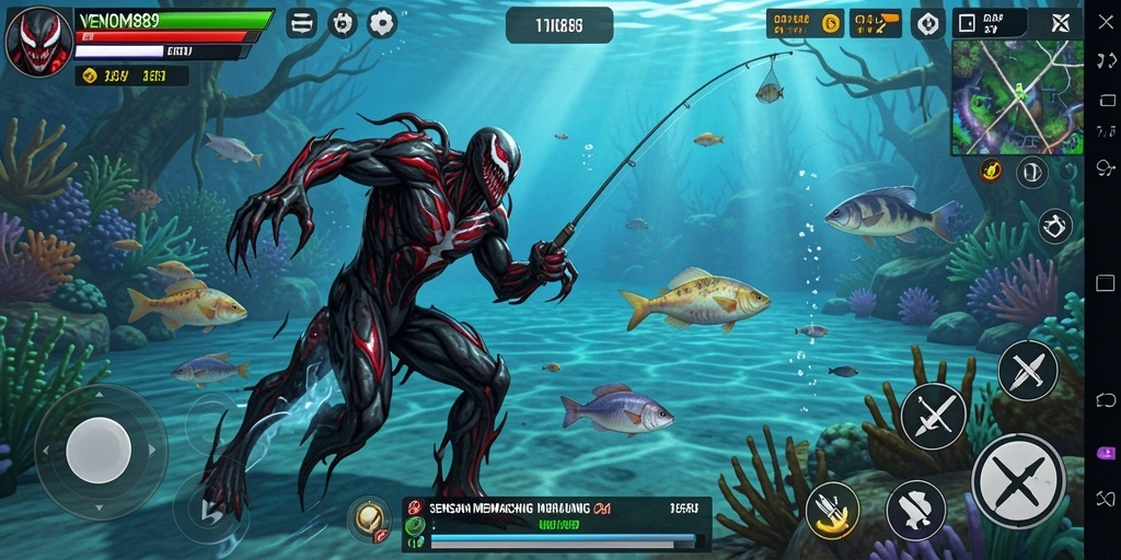 Screenshot gameplay VENOM889 yang menampilkan aksi menembak ikan.